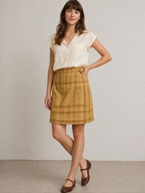 MIXIT 1990s Yellow Plaid Preppy Linen Wrap Mini Skirt